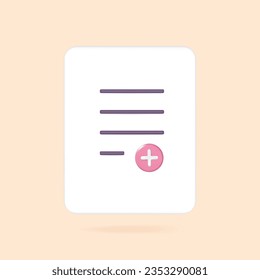 3D Add new document isolated on white background. Page plus icon. Can be used for many purposes. Trendy and modern vector in 3d style.