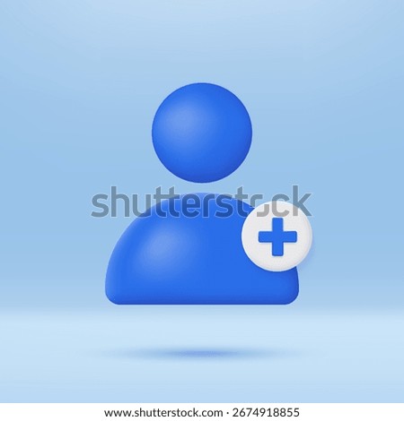 3D add new user icon with plus symbol. Create group and new profile account. Avatar, human, person, people icon. Social media concept.  Minimalist cartoon icon. Trendy and modern vector in 3d style.