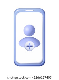 3D Benutzer-Avatar hinzufügen Gruppensymbol per Telefon erstellen. Neues Profil Account Smartphone. Menschen blauen Symbol und plus soziale Medien. Menschlicher, persönlicher trendiger und moderner Vektor in 3D-Maschen.