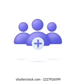 3D Add user icon. Create group symbol. New profile account. People icon and plus. Avatar, human, person, people icon. Trendy and modern vector in 3d style.