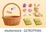 3D adorable Easter element set. Including basket, candies, gifts, roses, and corduroy bunny plushy.