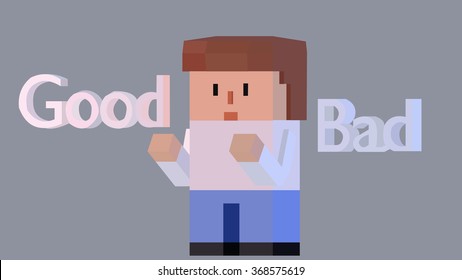 3D adult man, salesman, insurance agent cartoon character making a good and bad comparison presentation, pros and cons explanation, advantage demonstration. Text signs, symbols, and icons.
