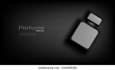 3D Advertising Of Black Glass Perfume Bottle On Dark Background. EPS10 Vector