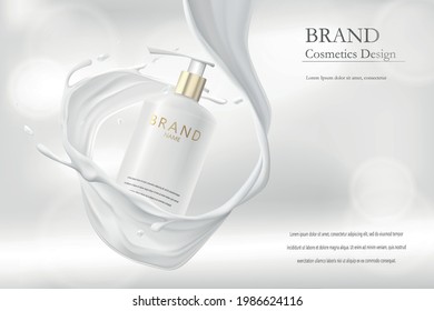 3d advertising concept for a cosmetic product. Cream bottle packaging mockup in milk splash. Realistic design to showcase the brand on banners in a minimalist style.