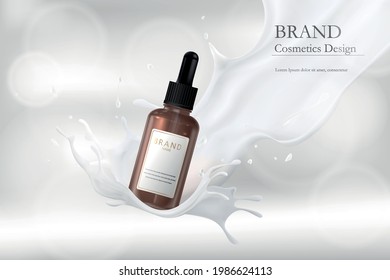 3d advertising of essence for skin in a spray of milk. Cosmetic bottle mockup in realistic scenery for product demonstration.
