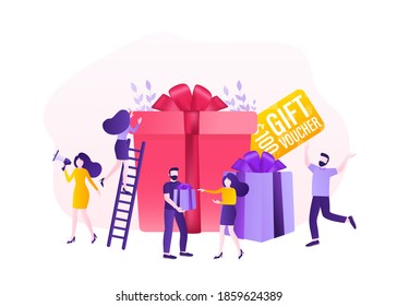 3d advertising with gift voucher presents people for concept design. Sale, discount, special offer concept. Modern gift voucher presents people, great design for any purposes. Vector illustration.