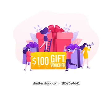 3d advertising with gift voucher presents people for concept design. Sale, discount, special offer concept. Modern gift voucher presents people, great design for any purposes. Vector illustration.