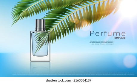 3D Advertising Of Perfume With Glass Bottle And Palm Leaf. EPS10 Vector