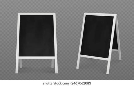 3d advertising sandwich board. Sign frame stand mockup. Easel billboard for street menu on sidewalk bear cafe. Outside restaurant black ad banner or promo realistic blank mock up side and front.