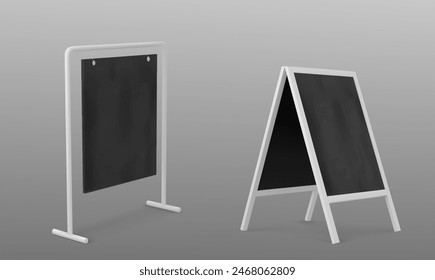 Tablero de sandwich de publicidad 3d. Muestra la maqueta del soporte del marco. Cartel de caballete para el menú de la calle en la acera del café del oso. Anuncio exterior negro del anuncio o maqueta en blanco realista de la promoción hacia arriba y hacia adelante.