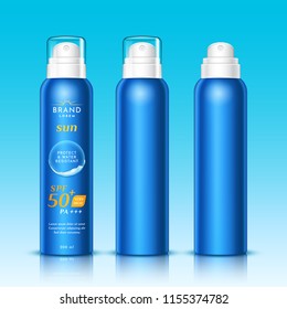 3d aerosol bottles for sunscreen or realistic spray for sunblock, dispenser for woman and man sunburn protection. Mousse container for skincare. Branding and packaging, advertising theme