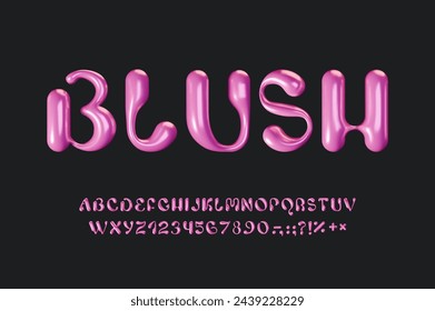 3D Aesthetic Pink Alphabet. Glossy font in Y2k groovy retro style. Trendy liquid bubble script. Realistic rendering English letters and numbers. Balloon typeface abc. Vector illustration.