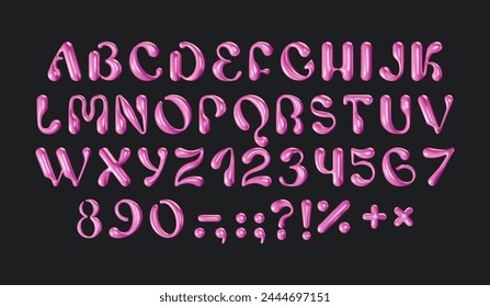 3D Aesthetic Pink Alphabet. Glossy font in Y2k groovy retro style. Trendy liquid bubble script. Realistic rendering English letters and numbers. Balloon typeface abc. Vector illustration.