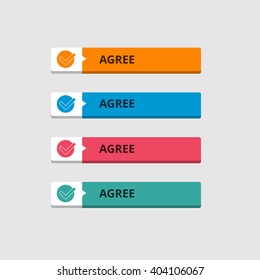 3d Agree Button Set With Icons. Beautiful Text Button. Orange Button, Blue Button, Red Button, Turquoise Button. Call To Action Icon Button. Flat Button Set. Vector Illustration