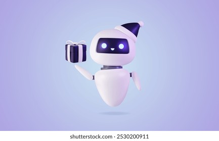 3d AI chat bat in Santa's hat holding gift box. New Year futuristic greeting banner with robotic character. Artificial intelligence server technology. Christmas card. Vector illustration.