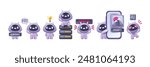 3D AI chat bot icon set, vector cute cartoon artificial intelligence online support robot character. Kawaii smart virtual assistant, customer service interface mascot concept. 3D bot message clipart