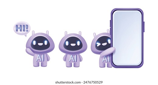 3D AI Chat Bot Icon Set, Vektorgrafik niedliche Cartoon Künstliche Intelligenz Roboter Charakter, Online-Support. Kawaii smart virtual assistant, Kundenservice Interface Maskottchen Konzept. 3D-Bot-Nachrichten-Clipart