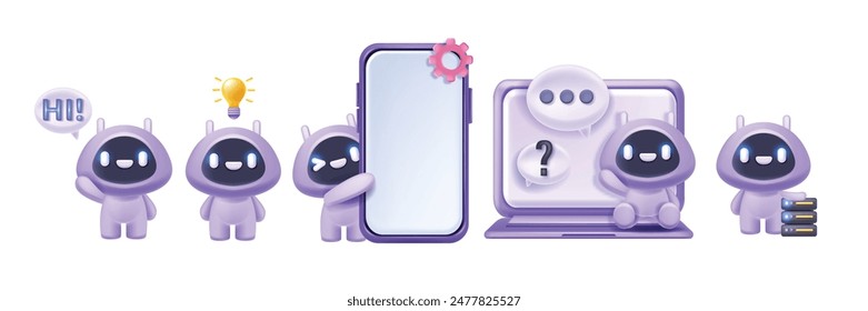 3D AI chat bot icon set, caricatura robot de inteligencia artificial personaje, Vector lindo Asistencia en línea. Asistente virtual inteligente de Kawaii, concepto de mascota de interfaz de Servicio al cliente. Clipart de mensajes de bot 3D