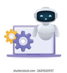 Ícone 3D Ai chatbot com engrenagem e laptop