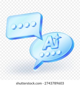 3D AI chatbot icon with speech balloons and artificial intelligence symbol, isolated on transparent background. Concept of chatbot, messaging, and digital communication. Vector illustration.