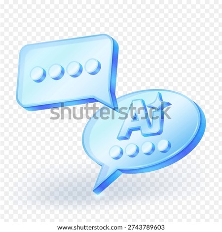 3D AI chatbot icon with speech balloons and artificial intelligence symbol, isolated on transparent background. Concept of chatbot, messaging, and digital communication. Vector illustration.