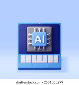 Chip 3d AI en el ordenador portátil. Render inteligencia artificial icono de conjunto de chips de computadora móvil. Procesador de IA en negocios, trabajo científico. Pieza de semiconductor de ordenador. Ingeniería de Tecnología. Ilustración vectorial