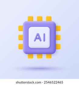 Ícone do processador 3D AI Chip. Design de ícone 3D minimalista da tecnologia de inteligência artificial e conceito de aprendizado de máquina. Ilustração vetorial