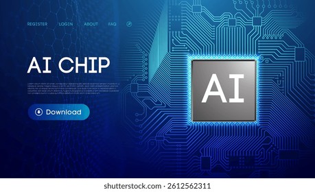 3d ai chip tech background, computer semiconductor circuit board. Abstract digital blue data cloud concept, futuristic artificial intelligent microchip robot cpu processor vector.