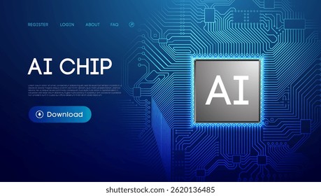 3d ai chip tech background, computer semiconductor circuit board. Abstract digital blue data cloud concept, futuristic artificial intelligent microchip robot cpu processor vector.