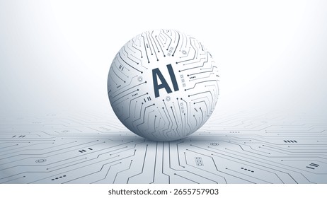 3D AI Globus kombiniert mit Leiterplattenmuster auf der Leiterplatte. Big Data und Deep-Learning-Konzepte in der generativen KI und Robotik. Künftige kybernetische künstliche Intelligenz. Vektorgrafik.