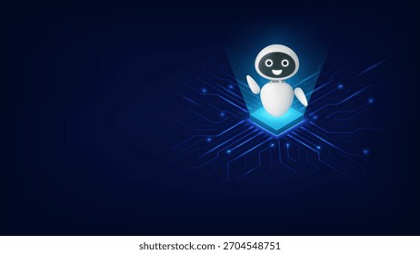 3D AI robot with a chip on a circuit board. Isometric technology background. Artificial intelligence and automation service. AI assistant, machine learning, and innovation. Vector illustration.