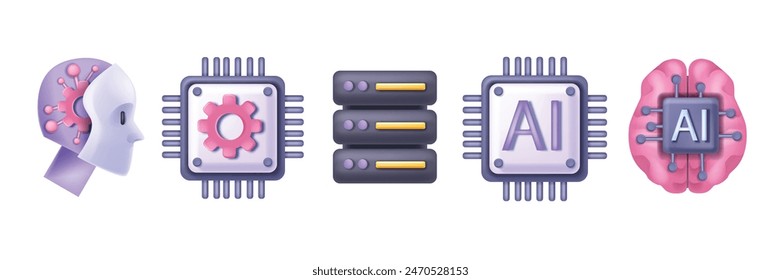 3D AI technology icon set vector digital innovation process design artificial intelligence pictogram. Future robot face, virtual bot science CPU emblem, machine learning network concept. 3D AI clipart