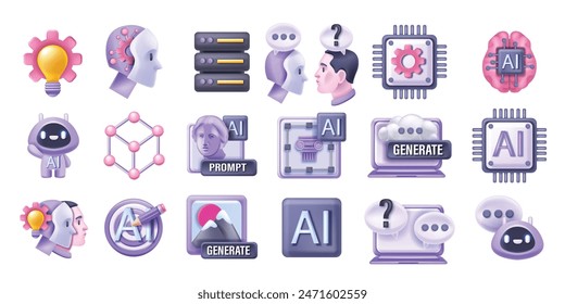 Icono de la tecnología de IA 3D conjunto de proceso de innovación digital Vector de diseño de pictograma de inteligencia artificial. Instrucción de arte generada, emblema virtual de la ciencia bot, concepto de red de aprendizaje automático. Clipart AI 3D