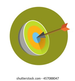 3D aim icon, flat design, target and arrow, disk on a green background