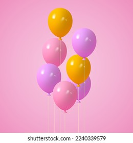 3d air balloons. Pink, yellow, purple colors. Decorative elements for birthday, carnival, anniversary, holidays party. 3d render realistic vector illustration.