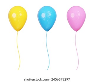 Globos de aire 3d de colores amarillo, azul y rosa. Estilo de dibujos animados. Ilustración vectorial de stock sobre fondo aislado.