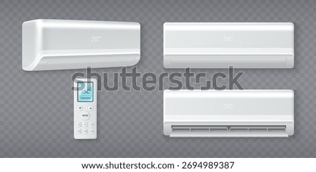 3D air conditioners and remote control set isolated on background. Vector realistic illustration of split AC system for cooling and heating, home climate ventilation equipment, modern technology