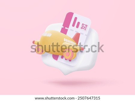 3D airline boarding pass ticket icon, holiday vacation, tags ready for tourism and travel. Coupon offer for special promo. 3d passenger airplane ticket document icon vector render illustration