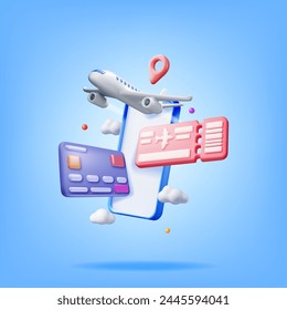 3d Airline Ticket, Airplane and Phone. Render Paper Ticket with Plane Icon, Tear Line and Barcode. Online Booking, Search Tickets App. Holiday or Vacation. Transportation Document. Vector Illustration