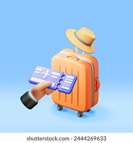 3d Airline Ticket, Travel Bag and Summer Hat. Render Paper Ticket with Plane Icon, Suitcase and Straw Hat. Travel Element. Holiday or Vacation. Transportation Document. Vector Illustration