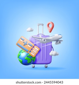 3d Airline Ticket, Travel Bag, Globe and Airplane. Render Paper Ticket with Plane Icon, Suitcase and Planet Earth. Travel Element. Holiday or Vacation. Transportation Document. Vector Illustration