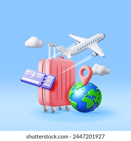 3d Airline Ticket, Travel Bag, Globe and Airplane. Render Paper Ticket with Plane Icon, Suitcase and Planet Earth. Travel Element. Holiday or Vacation. Transportation Document. Vector Illustration