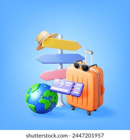 3d Airline Ticket, Travel Bag, Globe and Pointer. Render Paper Ticket with Plane Icon, Suitcase and Planet Earth. Travel Element. Holiday or Vacation. Transportation Document. Vector Illustration