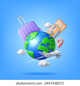 3d Airline Ticket, Travel Bag, Globe and Airplane. Render Paper Ticket with Plane Icon, Suitcase and Planet Earth. Travel Element. Holiday or Vacation. Transportation Document. Vector Illustration