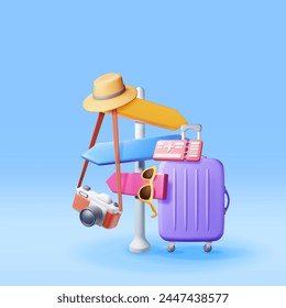 3d Airline Ticket, Travel Bag, Photo Camera and Pointer. Render Paper Ticket with Plane Icon, Suitcase and Straw Hat. Travel Element. Holiday or Vacation. Transportation Document. Vector Illustration