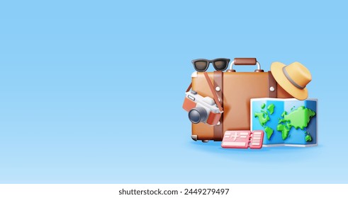 3d airline ticket, travel bag, photo camera and hat. Render paper map with sunglasses, suitcase and straw hat. Travel element. Holiday or vacation. Transportation document. Vector illustration