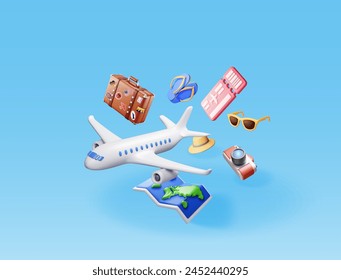 3d airline ticket, travel bag, map and airplane. Render paper ticket with plane icon, suitcase and photo camera. Travel element. Holiday or vacation. Transportation concept. Vector illustration