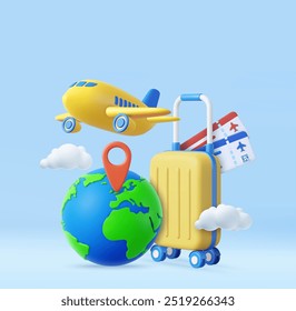 Bilhete de avião 3d, bolsa de viagem, globo e avião. Elemento de viagem, conceito de férias ou feriado. renderização 3d. Ilustração vetorial