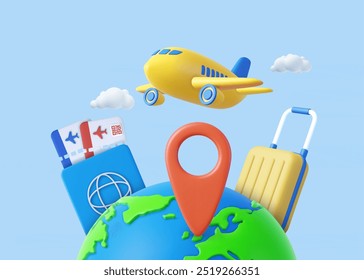 3d Airline Ticket, Travel Bag, Globe and Airplane. Travel Element, Holiday or Vacation concept. 3d rendering. Vector illustration