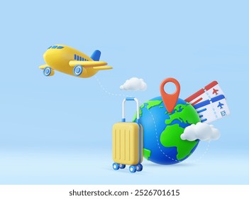 3d Airline Ticket, Travel Bag, Globe and Airplane. Travel Element, Holiday or Vacation concept. 3d rendering. Vector illustration